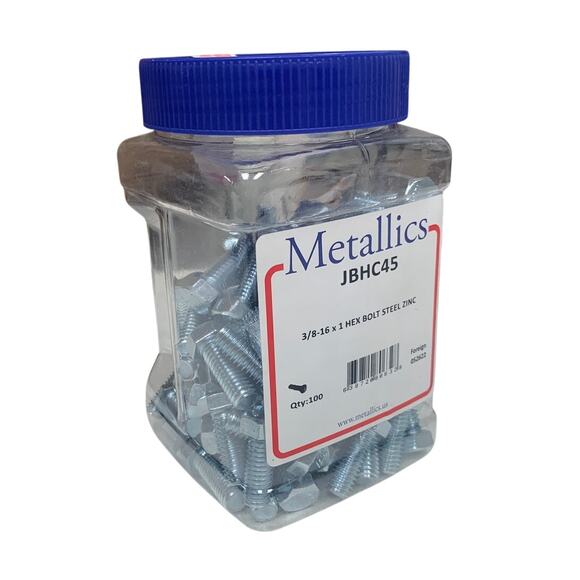 New 100 Metallics JBHC45 3/8-16 X 1 Hex Bolt Steel Zinc Sealed Plastic Jar - Picture 1 of 3